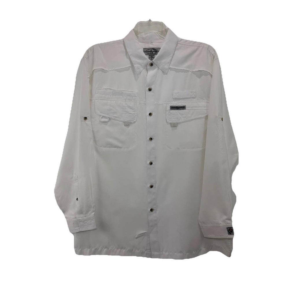 Hook & Tackle Fishing Shirt Vented Cargo Mens Large Relaxed Fit White Polyester